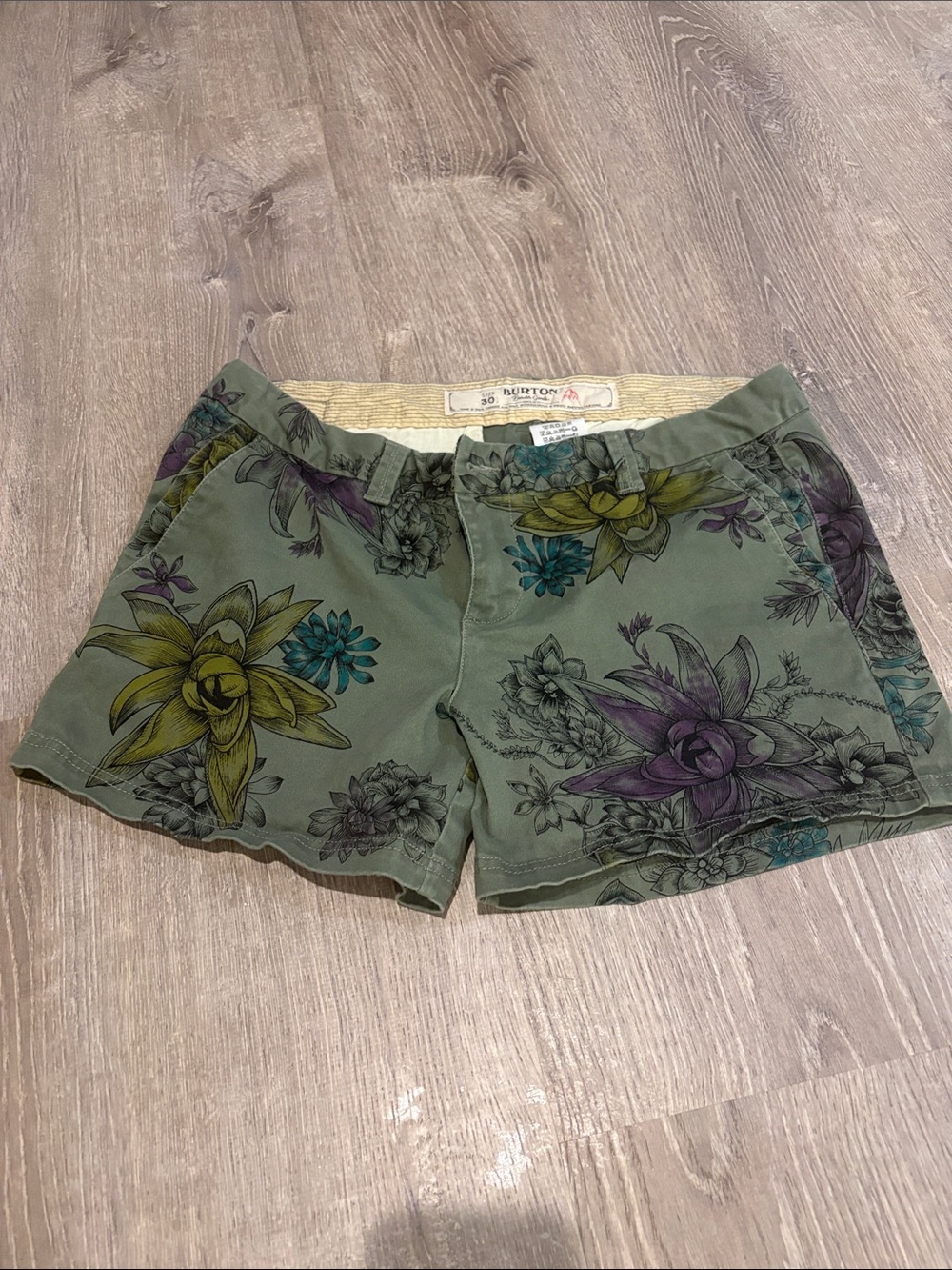 Very cool  vintage Burton Green Floral Bermuda Shorts with Purple & Yellow Bloom